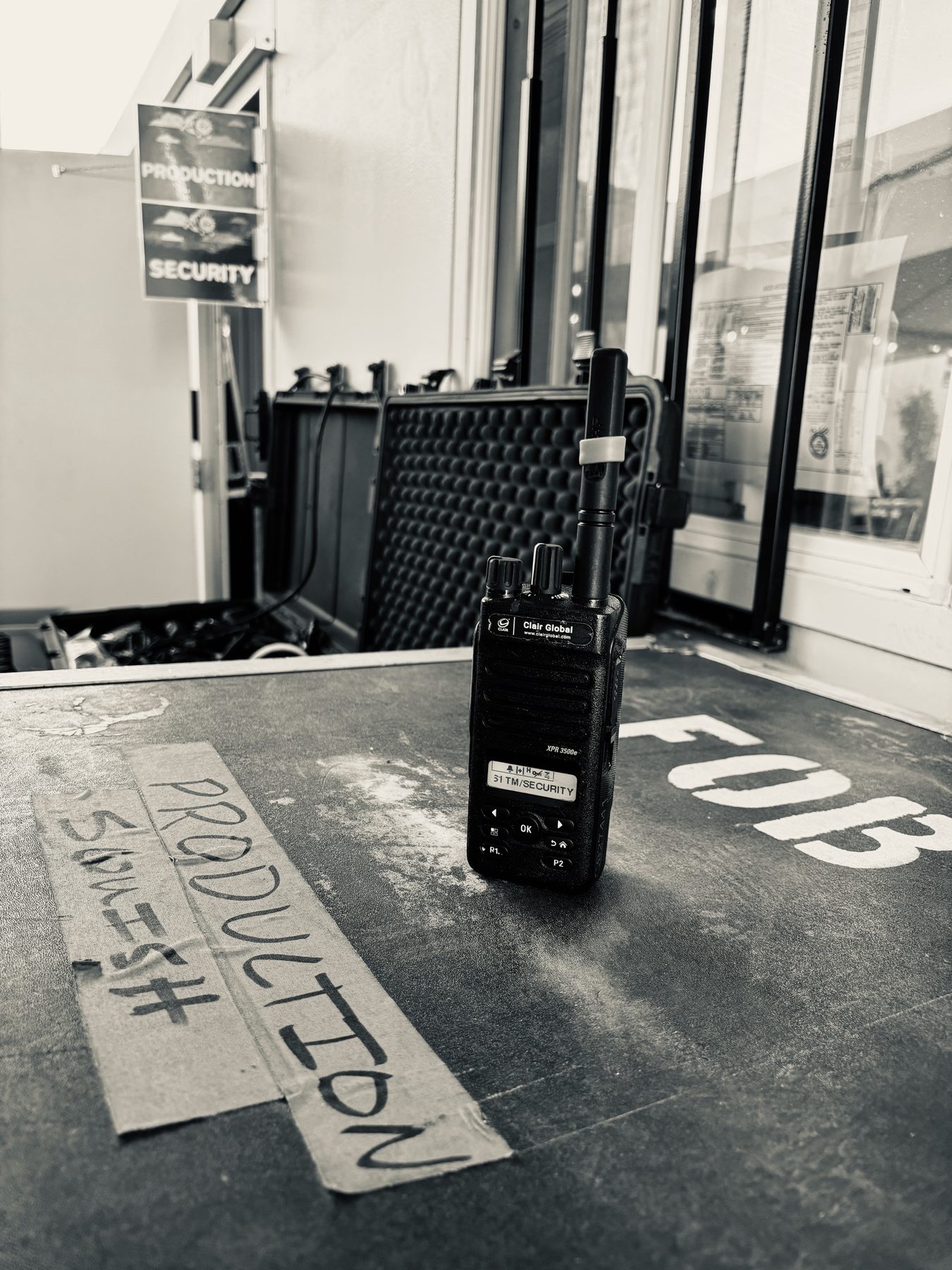 Security radio positioned at an operations checkpoint
