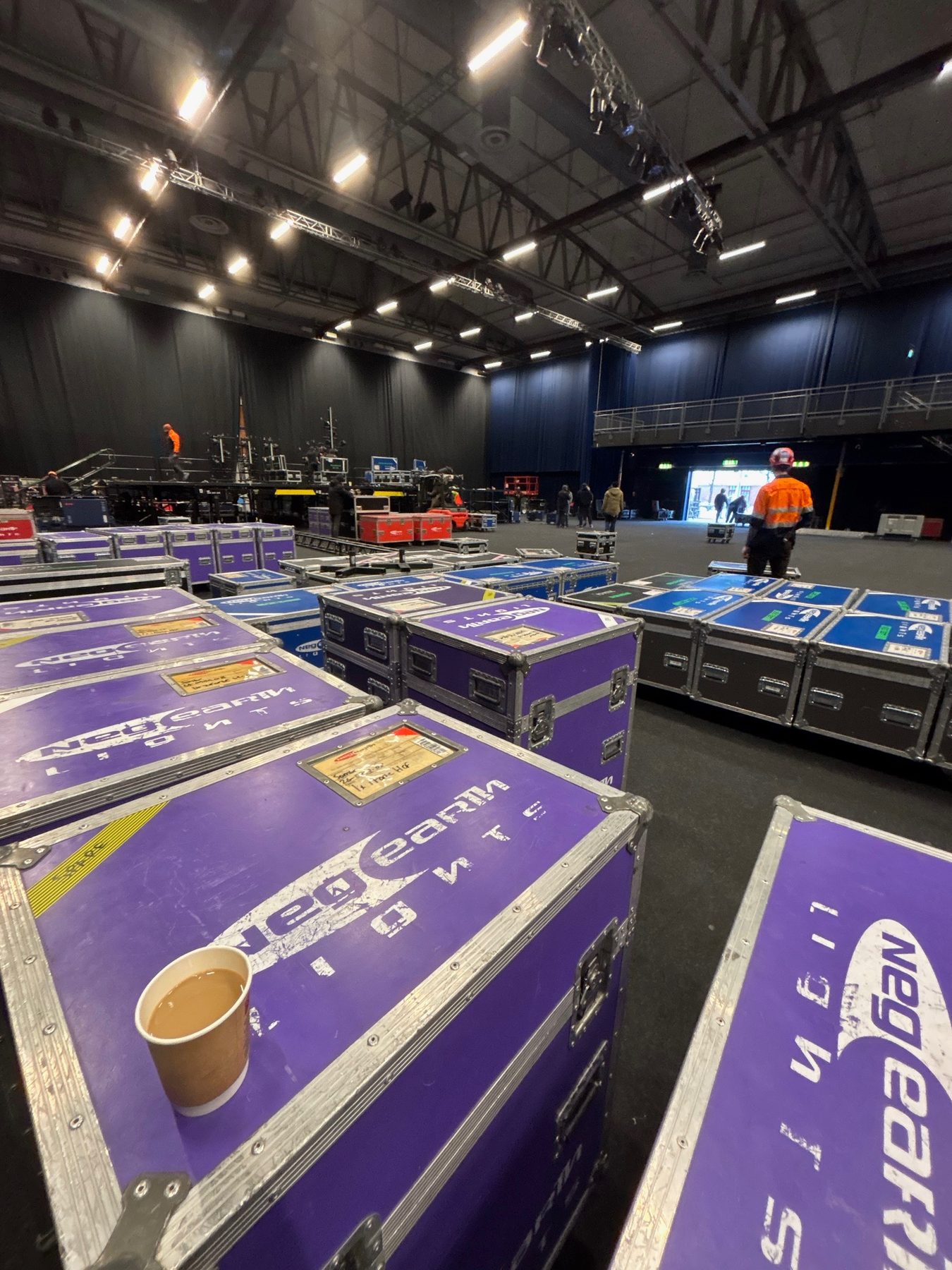 Tour cases staged during venue load-in