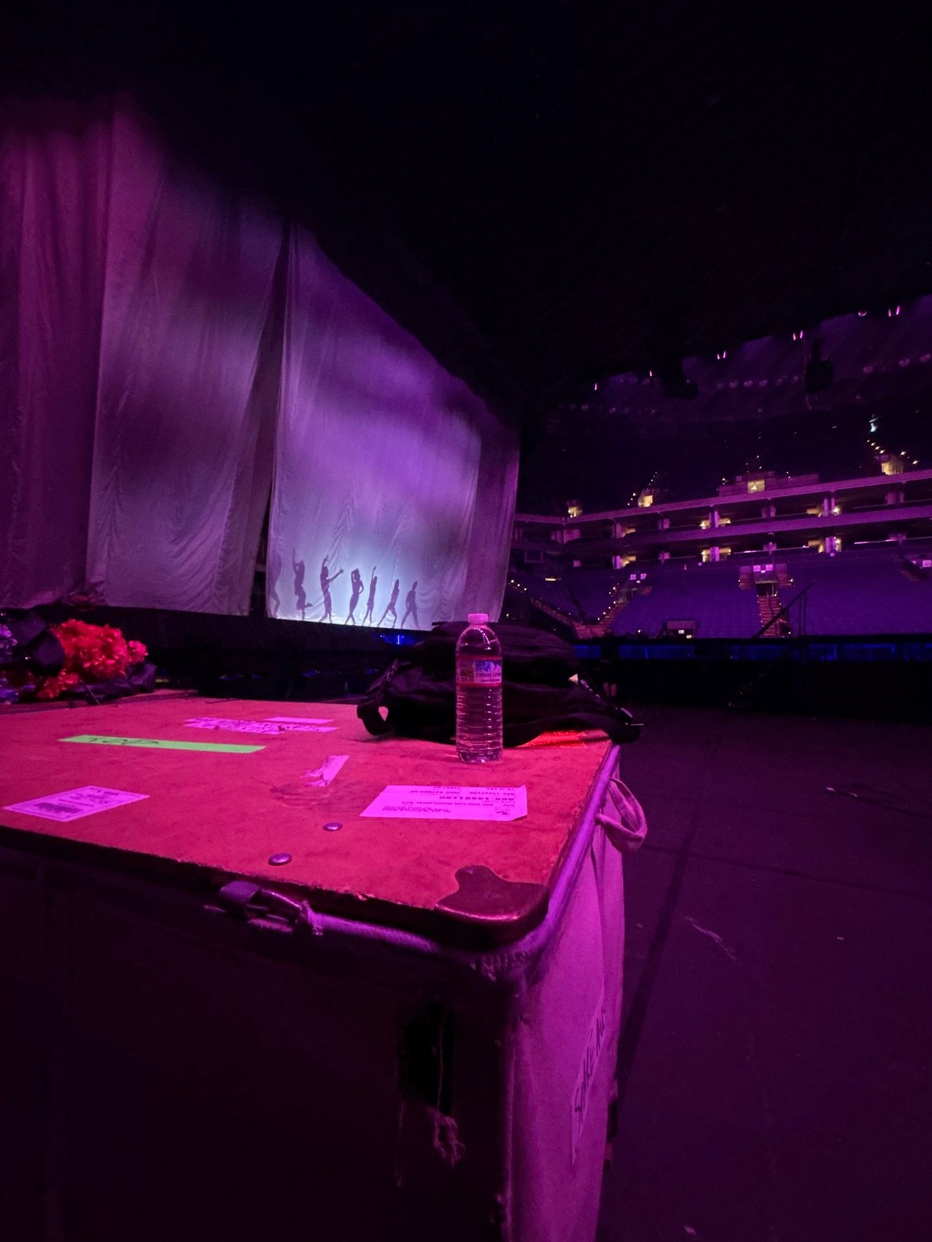 Stage edge table and working area before showtime